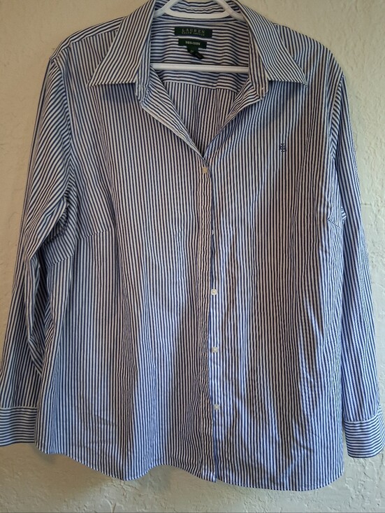 Lauren Ralph Lauren Tops - Lauren Ralph Lauren Blue & White Stripe Button-Up Non Iron Shirt SZ 2X Monogram